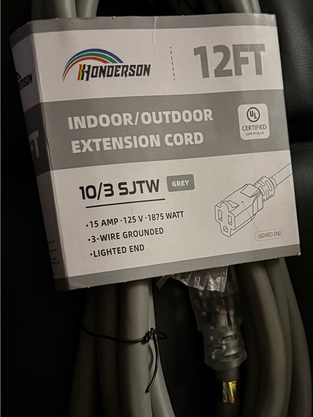 12ft Grey Indoor/Outdoor Extension Cord - 10/3 SJTW